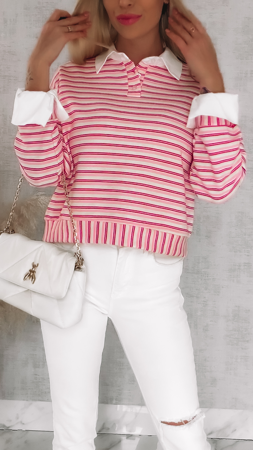 Modna bluza w różowe paski z wstawkami białej koszuli ONE SIZE - R866