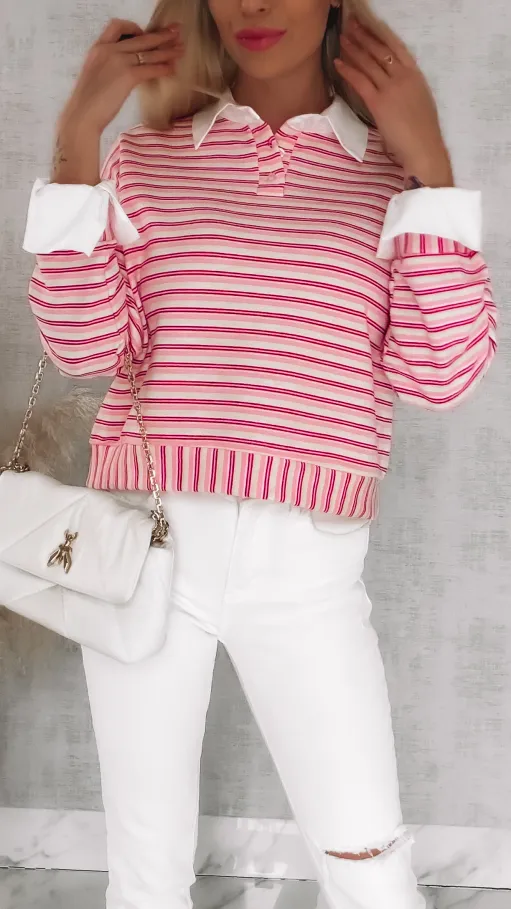 Modna bluza w różowe paski z wstawkami białej koszuli ONE SIZE - R866