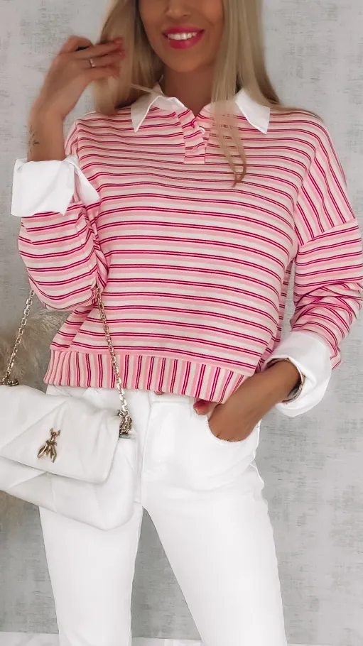 Modna bluza w różowe paski z wstawkami białej koszuli ONE SIZE - R866