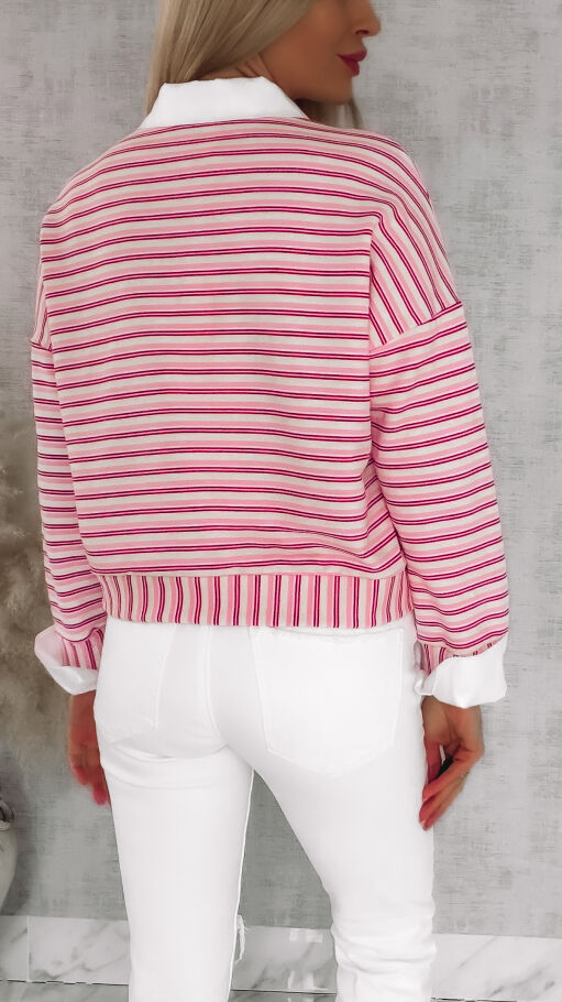Modna bluza w różowe paski z wstawkami białej koszuli ONE SIZE - R866