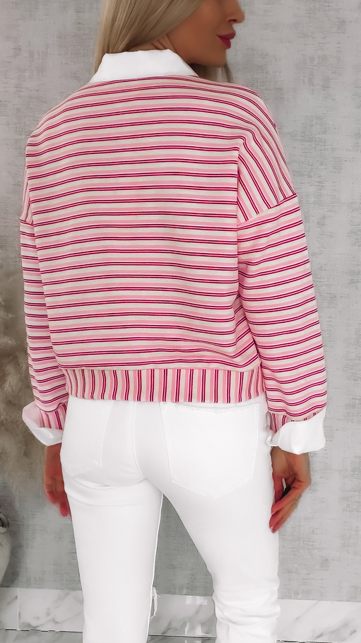 Modna bluza w różowe paski z wstawkami białej koszuli ONE SIZE - R866