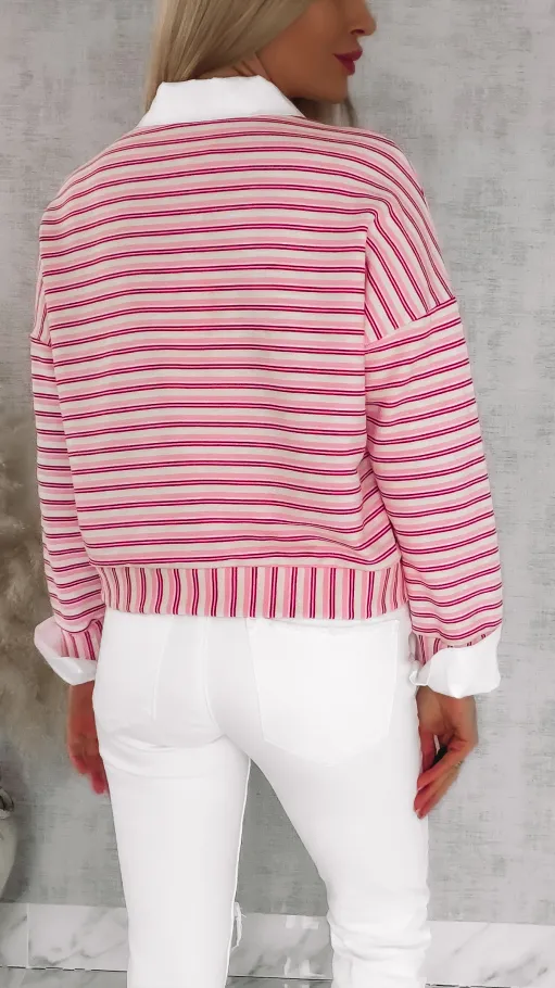 Modna bluza w różowe paski z wstawkami białej koszuli ONE SIZE - R866