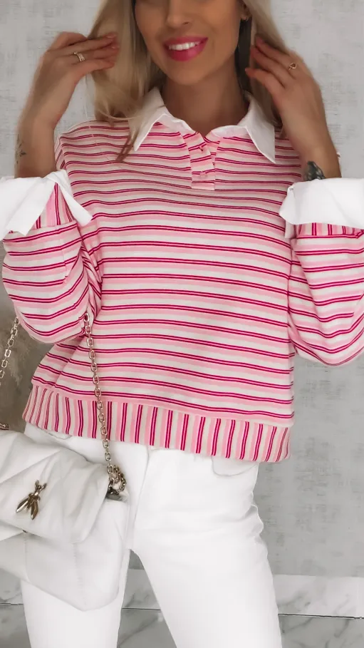 Modna bluza w różowe paski z wstawkami białej koszuli ONE SIZE - R866