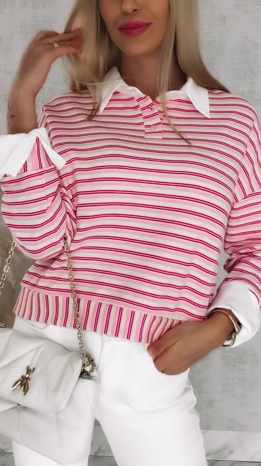 Modna bluza w różowe paski z wstawkami białej koszuli ONE SIZE - R866