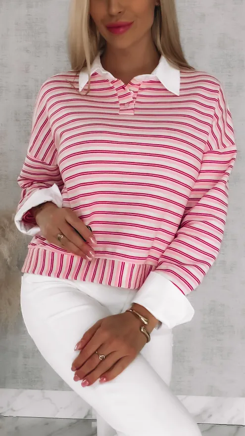 Modna bluza w różowe paski z wstawkami białej koszuli ONE SIZE - R866