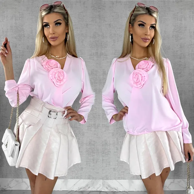 Elegancka różowa bluzka 2 kwiaty ONE SIZE - R561