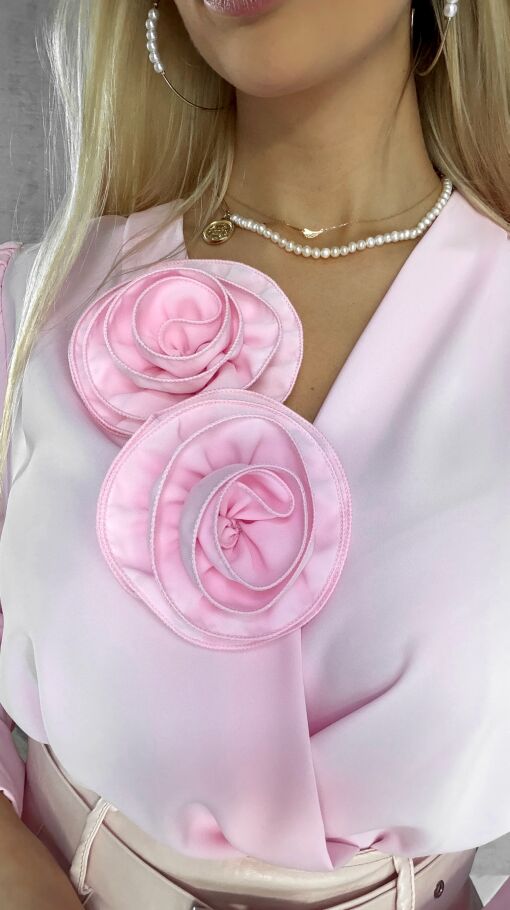 Elegancka różowa bluzka 2 kwiaty ONE SIZE - R561