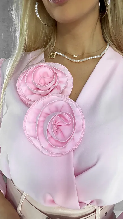 Elegancka różowa bluzka 2 kwiaty ONE SIZE - R561
