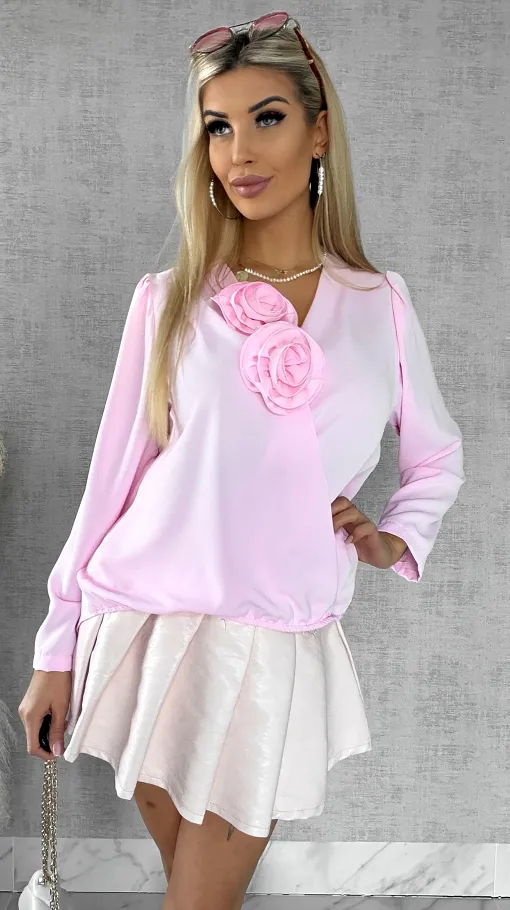 Elegancka różowa bluzka 2 kwiaty ONE SIZE - R561