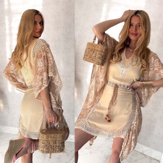 Plażowa BOHO sukienka z bawełny ONE SIZE beżowa - S002