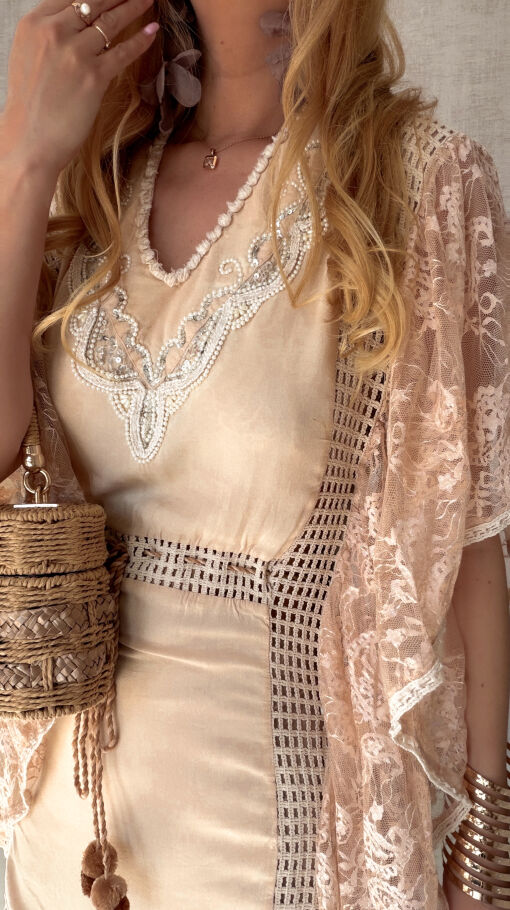 Plażowa BOHO sukienka z bawełny ONE SIZE beżowa - S002