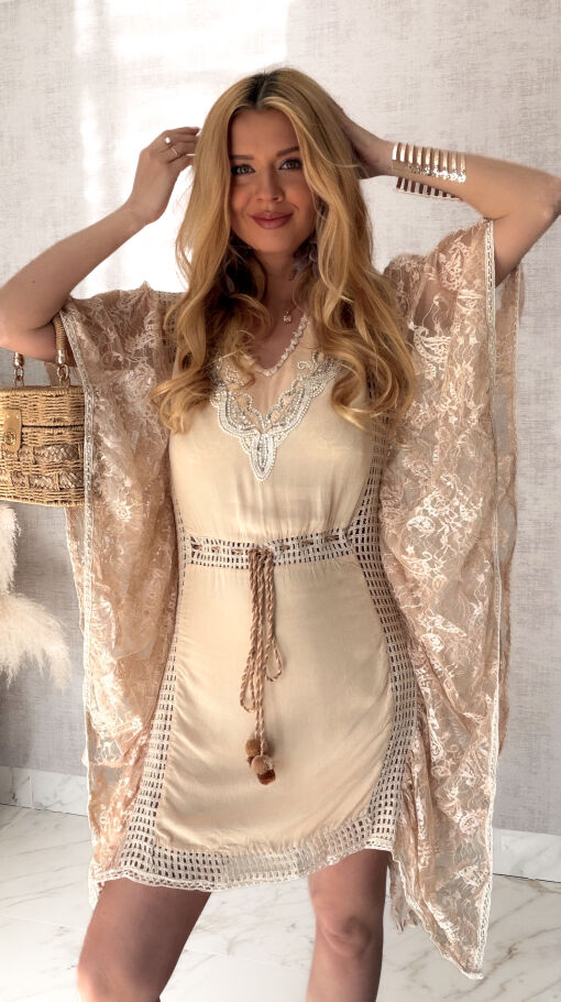 Plażowa BOHO sukienka z bawełny ONE SIZE beżowa - S002