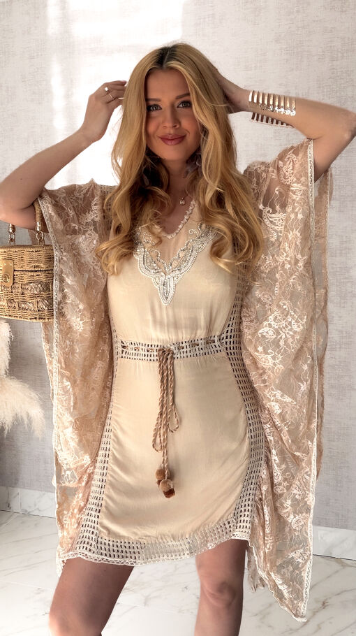 Plażowa BOHO sukienka z bawełny ONE SIZE beżowa - S002