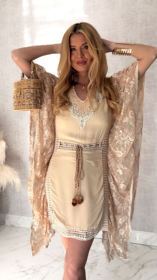 Plażowa BOHO sukienka z bawełny ONE SIZE beżowa - S002