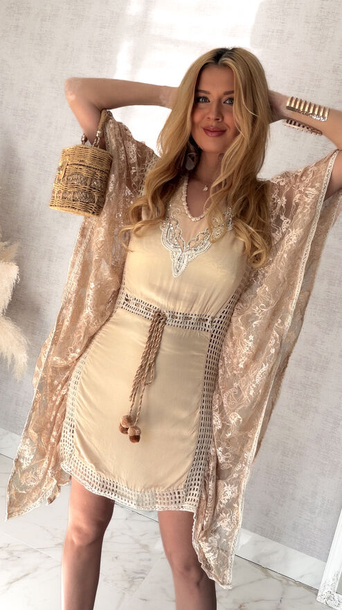Plażowa BOHO sukienka z bawełny ONE SIZE beżowa - S002
