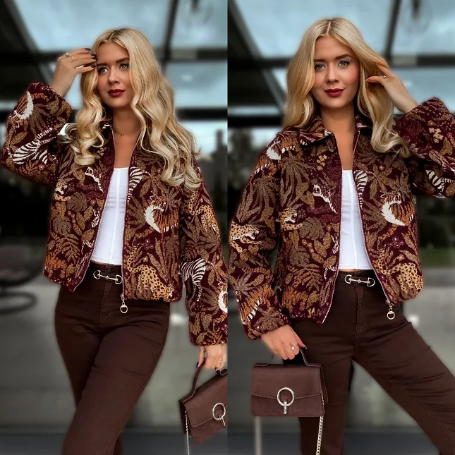 Oryginalna bordowa kurtka bomberka w kwiaty - R173