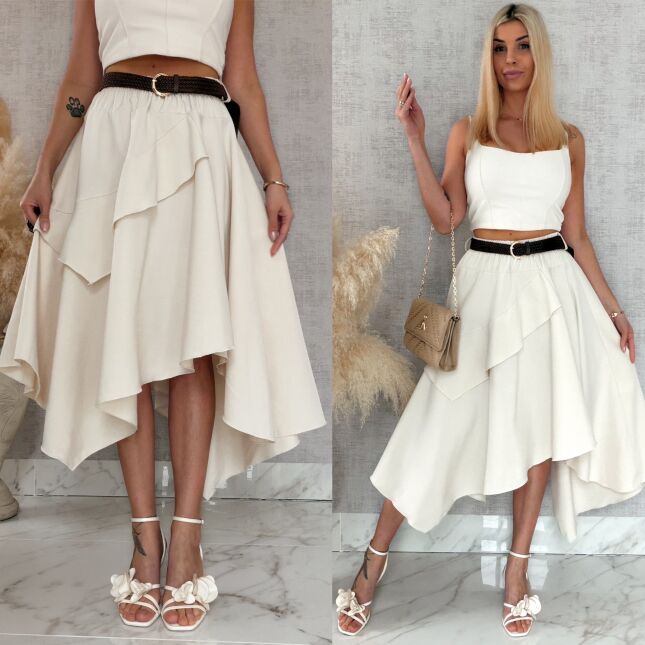 Elegancka asymetryczna spódnica z paskiem ONE SIZE ecru - R838