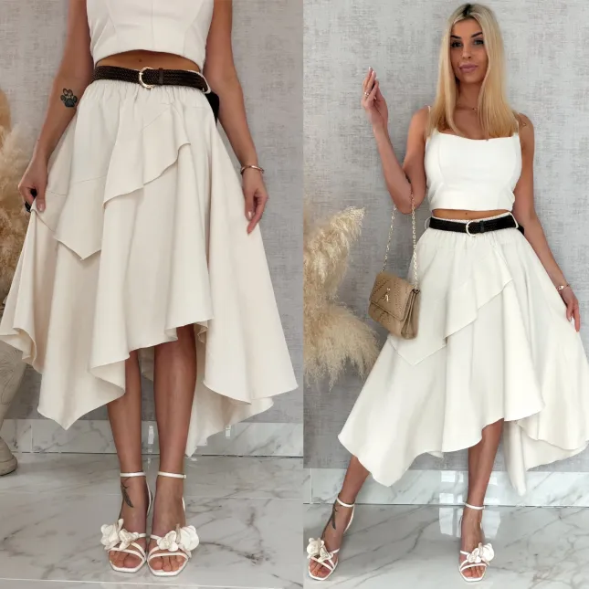 Elegancka asymetryczna spódnica z paskiem ONE SIZE ecru - R838