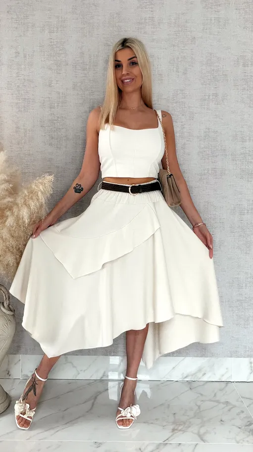 Elegancka asymetryczna spódnica z paskiem ONE SIZE ecru - R838