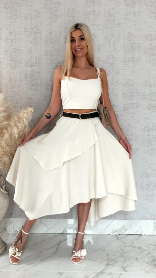 Elegancka asymetryczna spódnica z paskiem ONE SIZE ecru - R838