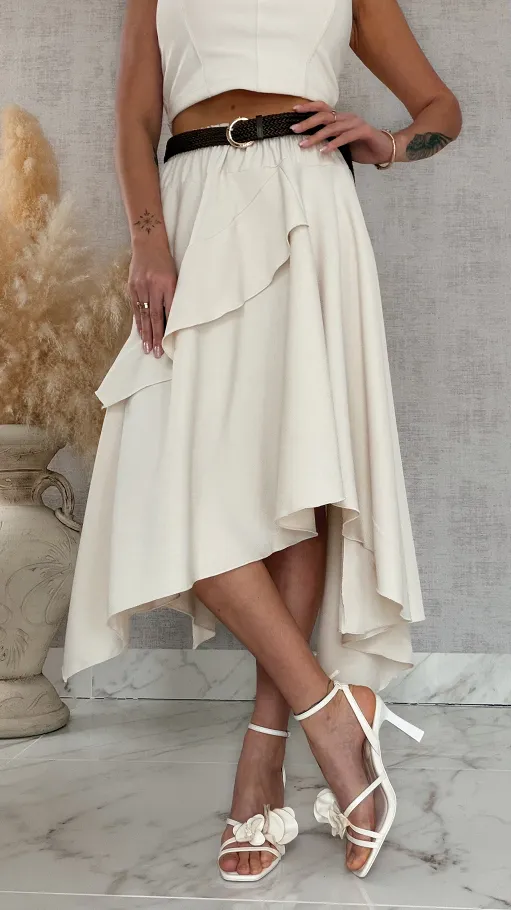 Elegancka asymetryczna spódnica z paskiem ONE SIZE ecru - R838