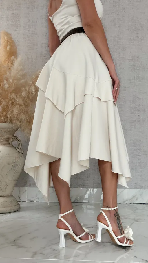 Elegancka asymetryczna spódnica z paskiem ONE SIZE ecru - R838