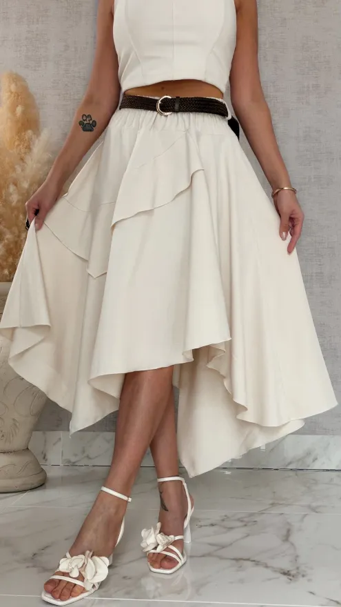 Elegancka asymetryczna spódnica z paskiem ONE SIZE ecru - R838