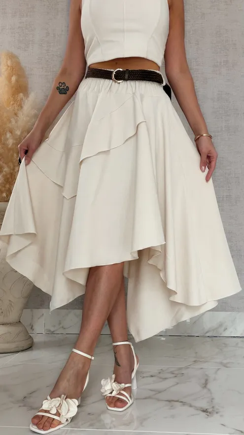Elegancka asymetryczna spódnica z paskiem ONE SIZE ecru - R838
