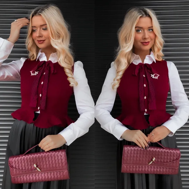 Elegancka dzianinowa kamizelka do koszuli ONE SIZE bordowa - R366B