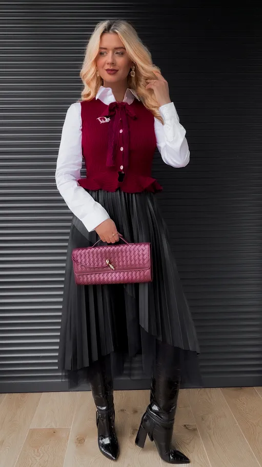 Elegancka dzianinowa kamizelka do koszuli ONE SIZE bordowa - R366B