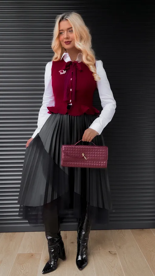 Elegancka dzianinowa kamizelka do koszuli ONE SIZE bordowa - R366B