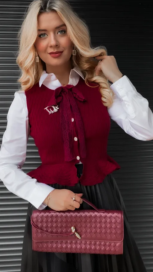 Elegancka dzianinowa kamizelka do koszuli ONE SIZE bordowa - R366B