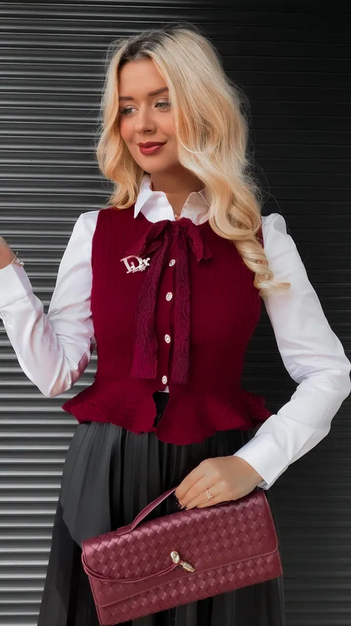 Elegancka dzianinowa kamizelka do koszuli ONE SIZE bordowa - R366B