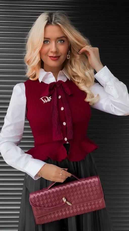 Elegancka dzianinowa kamizelka do koszuli ONE SIZE bordowa - R366B