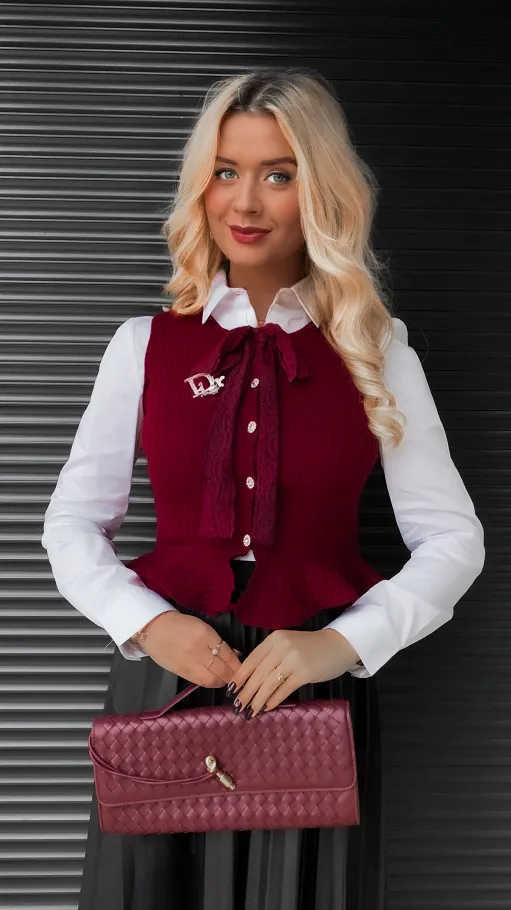 Elegancka dzianinowa kamizelka do koszuli ONE SIZE bordowa - R366B
