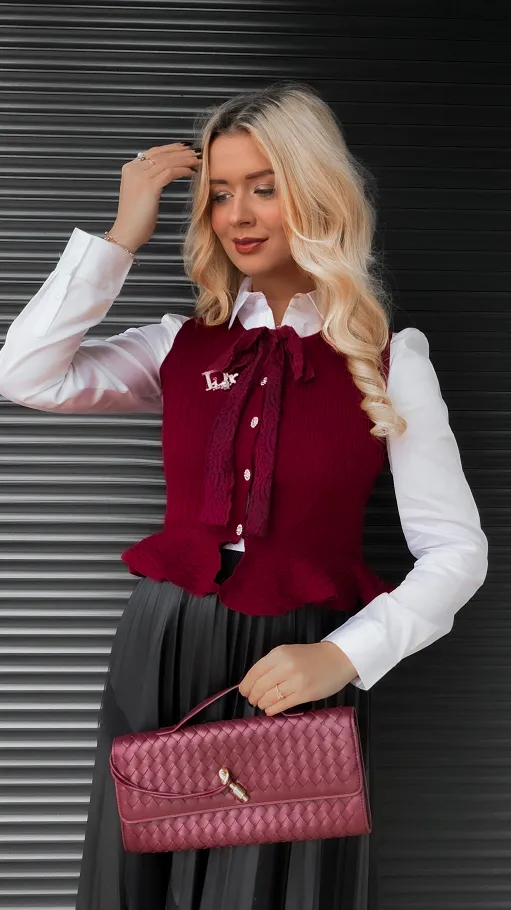 Elegancka dzianinowa kamizelka do koszuli ONE SIZE bordowa - R366B