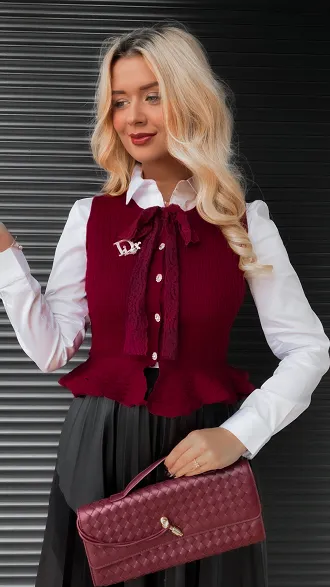 Elegancka dzianinowa kamizelka do koszuli ONE SIZE bordowa - R366B