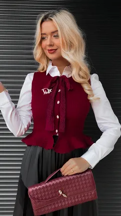 Elegancka dzianinowa kamizelka do koszuli ONE SIZE bordowa - R366B