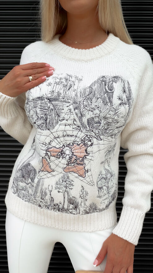 Oryginalny sweter z haftowaną mapą świata oraz zwierzętami ONE SIZE ecru - S338