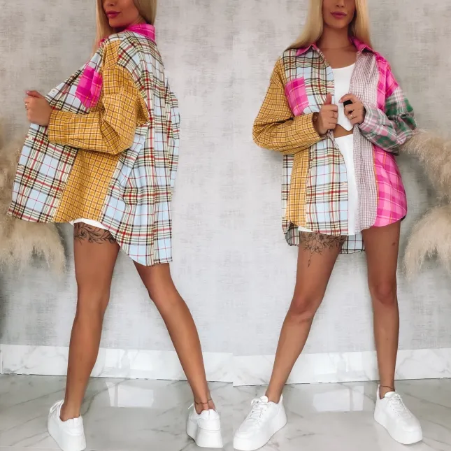 Oryginalna asymetryczna koszula w wielokolorową kratkę ONE SIZE - R829