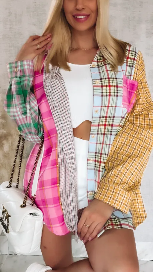 Oryginalna asymetryczna koszula w wielokolorową kratkę ONE SIZE - R829