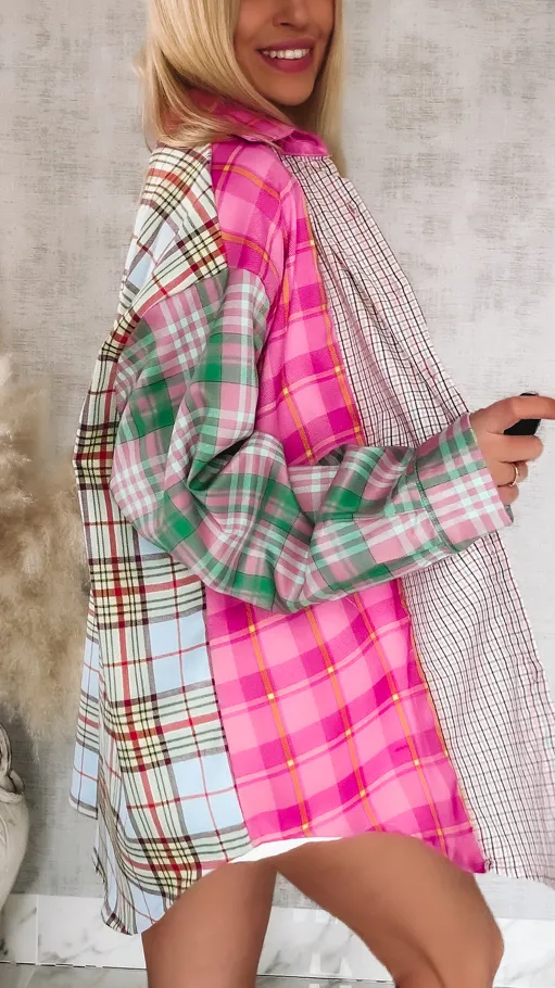 Oryginalna asymetryczna koszula w wielokolorową kratkę ONE SIZE - R829