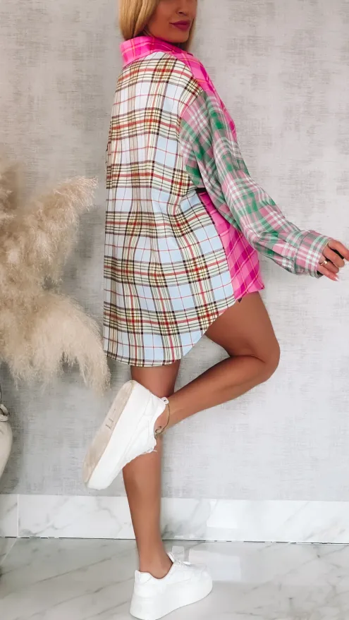 Oryginalna asymetryczna koszula w wielokolorową kratkę ONE SIZE - R829