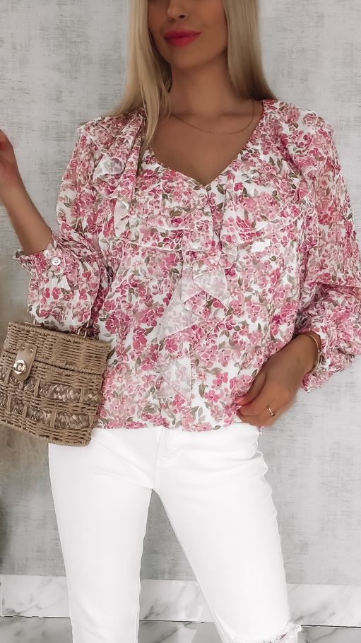 Cudowna bluzka w różowe kwiaty z modnym dekoltem ONE SIZE - R833