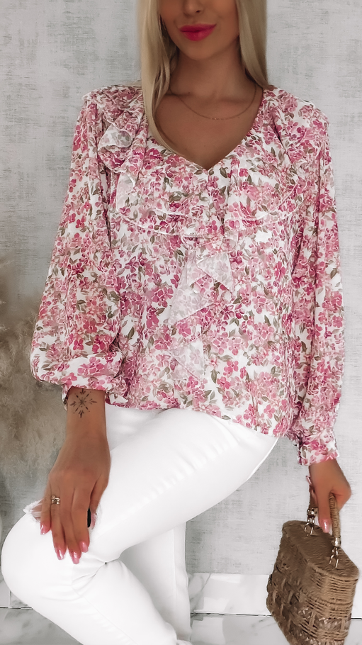 Cudowna bluzka w różowe kwiaty z modnym dekoltem ONE SIZE - R833