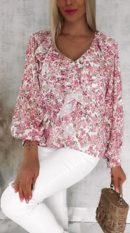 Cudowna bluzka w różowe kwiaty z modnym dekoltem ONE SIZE - R833