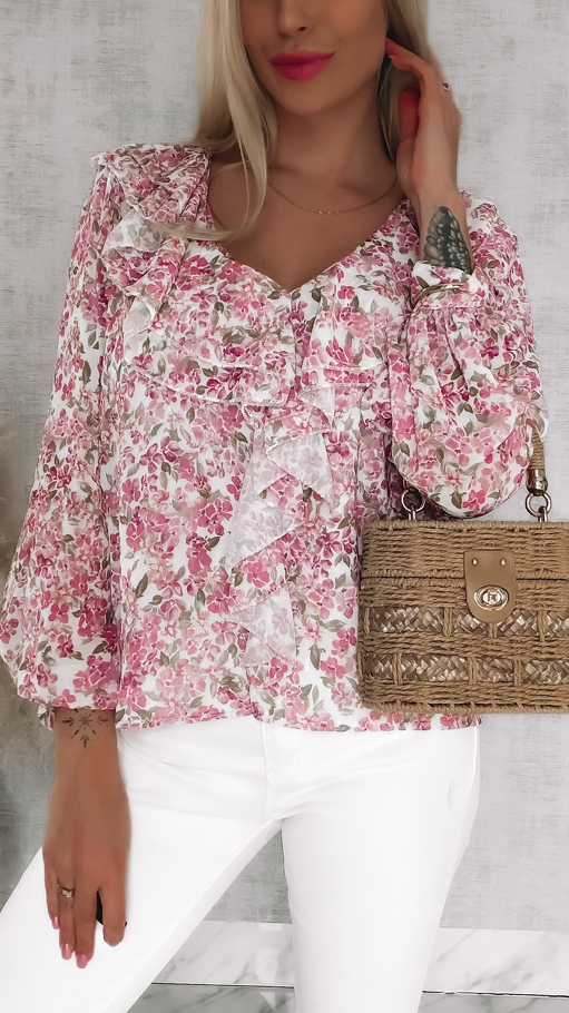 Cudowna bluzka w różowe kwiaty z modnym dekoltem ONE SIZE - R833