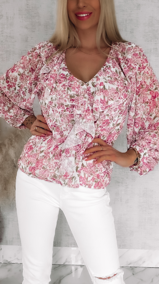 Cudowna bluzka w różowe kwiaty z modnym dekoltem ONE SIZE - R833