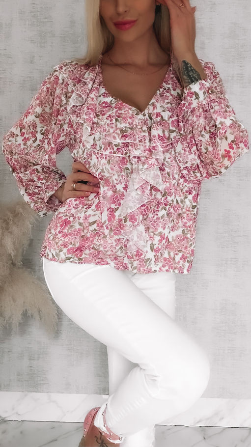 Cudowna bluzka w różowe kwiaty z modnym dekoltem ONE SIZE - R833
