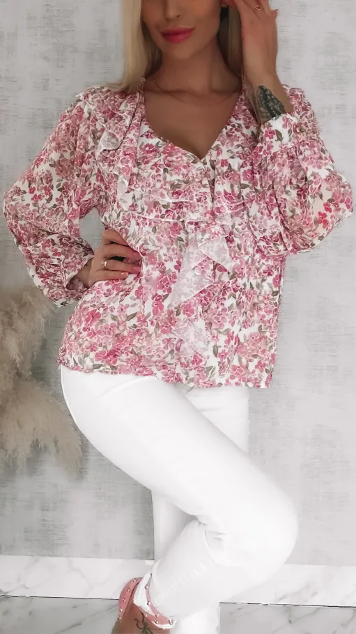 Cudowna bluzka w różowe kwiaty z modnym dekoltem ONE SIZE - R833